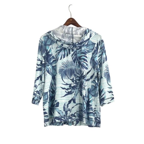 Chicos Weekends Womens Large Hooded Zip-Up Sweater Blue Green Tropical Print - Picture 2 of 7